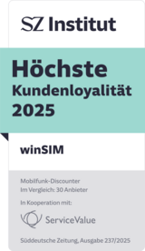 winSIM - Ausgezeichnet für höchste Kundenloyalität Auszeichnung SZ Institut: höchste Kundenloyalitaet. Zum Artikel