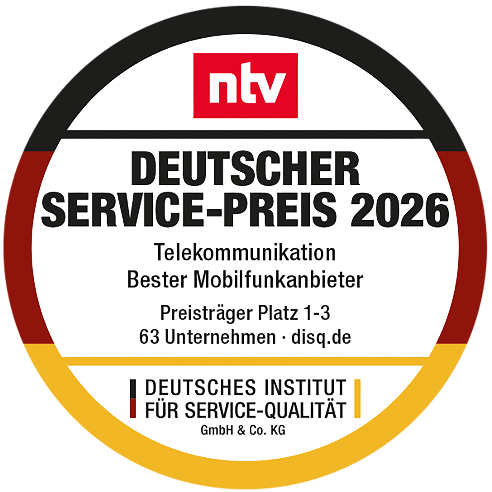 Siegel winSIM im Test von ntv und DISQ - Bester Mobilfunkanbieter in der Servicequalität
